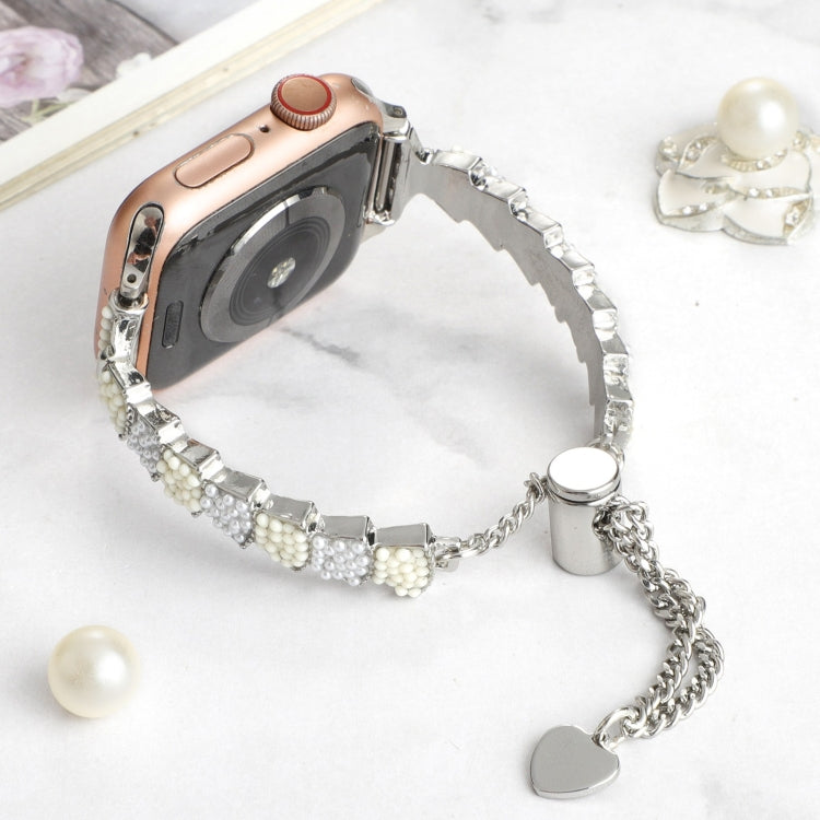 For Apple Watch 42mm Shell Beads Chain Bracelet Metal Watch Band(Beige White Silver) - Watch Bands by PMC TechLife | Online Shopping South Africa | PMC TechLife
