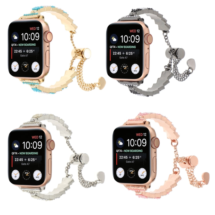 For Apple Watch 38mm Shell Beads Chain Bracelet Metal Watch Band(Beige White Silver) - free shipping - PMC TechLife - Order now!