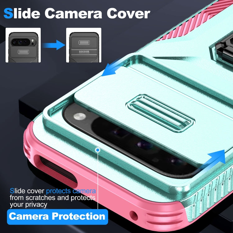 For Google Pixel 9 Pro XL Sliding Camshield Holder Phone Case(Grey Green + Pink) - Google Cases by PMC Jewellery | Online Shopping South Africa | PMC Jewellery | Buy Now Pay Later Mobicred