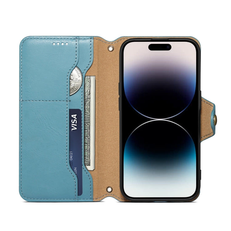 For iPhone 15 Plus Denior Cowhide Texture Wallet Style Leather Phone Case(Blue) - iPhone 15 Plus Cases by Denior | Online Shopping South Africa | PMC Jewellery | Buy Now Pay Later Mobicred