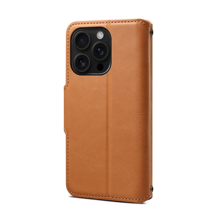 For iPhone 16 Pro Denior Cowhide Texture Wallet Style Leather Phone Case(Khaki) - iPhone 16 Pro Cases by Denior | Online Shopping South Africa | PMC Jewellery | Buy Now Pay Later Mobicred