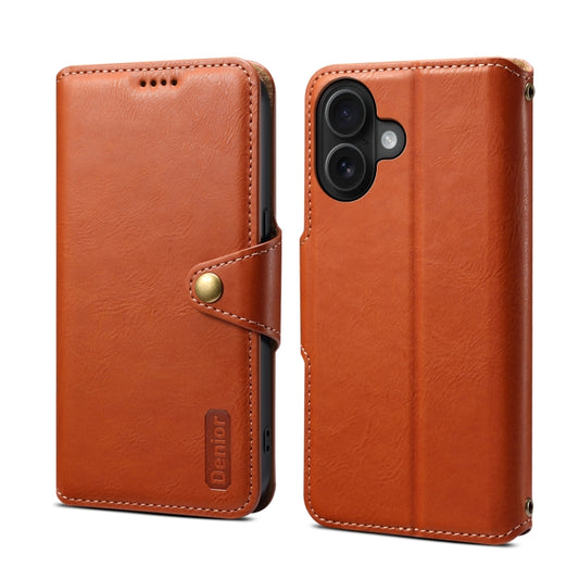 For iPhone 16 Denior Cowhide Texture Wallet Style Leather Phone Case(Brown) - iPhone 16 Cases by Denior | Online Shopping South Africa | PMC Jewellery | Buy Now Pay Later Mobicred