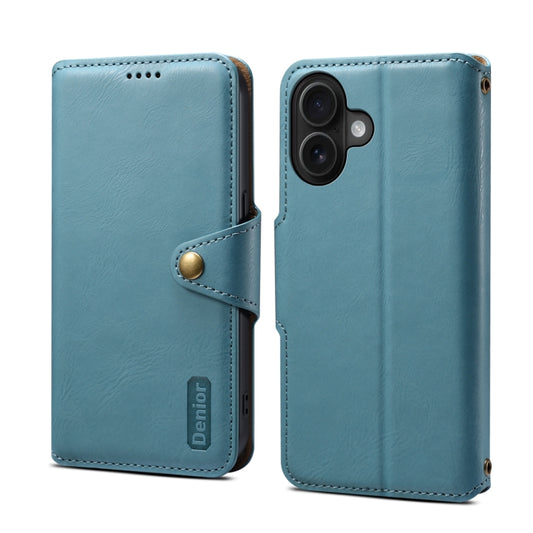 For iPhone 16 Denior Cowhide Texture Wallet Style Leather Phone Case(Blue) - iPhone 16 Cases by Denior | Online Shopping South Africa | PMC Jewellery | Buy Now Pay Later Mobicred