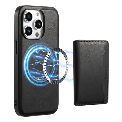 For iPhone 15 Pro Denior Cowhide Texture Leather MagSafe Detachable Wallet Phone Case(Black) - iPhone 15 Pro Cases by Denior | Online Shopping South Africa | PMC Jewellery | Buy Now Pay Later Mobicred