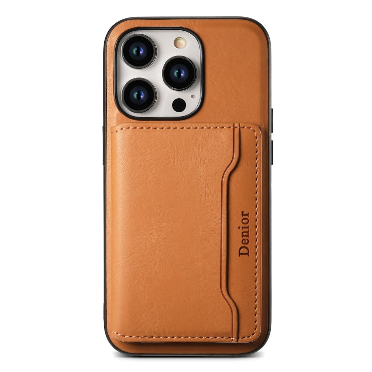 For iPhone 15 Denior Cowhide Texture Leather MagSafe Detachable Wallet Phone Case(Khaki) - iPhone 15 Cases by Denior | Online Shopping South Africa | PMC Jewellery | Buy Now Pay Later Mobicred