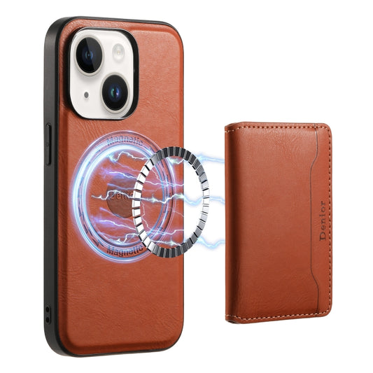 For iPhone 15 Denior Cowhide Texture Leather MagSafe Detachable Wallet Phone Case(Brown) - iPhone 15 Cases by Denior | Online Shopping South Africa | PMC Jewellery | Buy Now Pay Later Mobicred