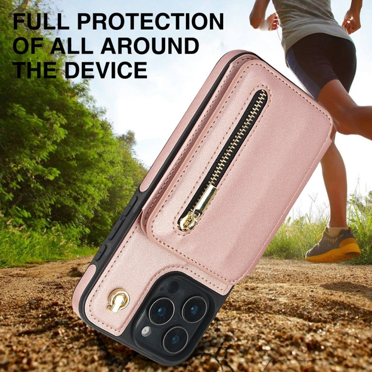 For iPhone 16 Pro YM006 Skin Feel Zipper Card Bag Phone Case with Dual Lanyard(Rose Gold) - iPhone 16 Pro Cases by PMC Jewellery | Online Shopping South Africa | PMC Jewellery | Buy Now Pay Later Mobicred