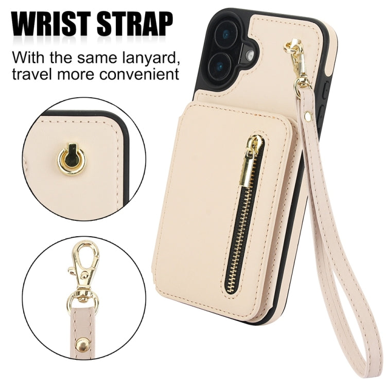 For iPhone 16 YM006 Skin Feel Zipper Card Bag Phone Case with Dual Lanyard(Apricot) - iPhone 16 Cases by PMC Jewellery | Online Shopping South Africa | PMC Jewellery | Buy Now Pay Later Mobicred