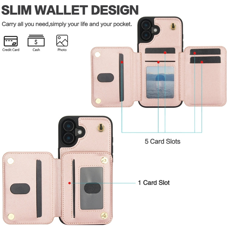 For iPhone 16 YM006 Skin Feel Zipper Card Bag Phone Case with Dual Lanyard(Rose Gold) - iPhone 16 Cases by PMC Jewellery | Online Shopping South Africa | PMC Jewellery | Buy Now Pay Later Mobicred