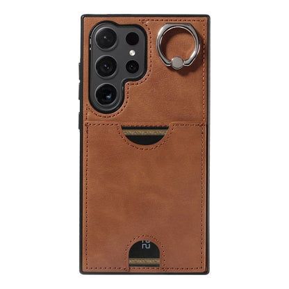 For Samsung Galaxy S24 Ultra 5G Calf Texture Card Slot Ring Holder Phone Case(Brown) - Galaxy S24 Ultra 5G Tempered Glass by PMC Jewellery | Online Shopping South Africa | PMC Jewellery