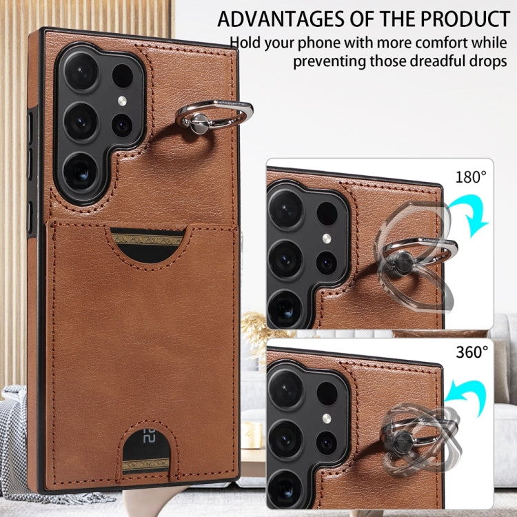 For Samsung Galaxy S24 Ultra 5G Calf Texture Card Slot Ring Holder Phone Case(Brown) - Galaxy S24 Ultra 5G Tempered Glass by PMC Jewellery | Online Shopping South Africa | PMC Jewellery