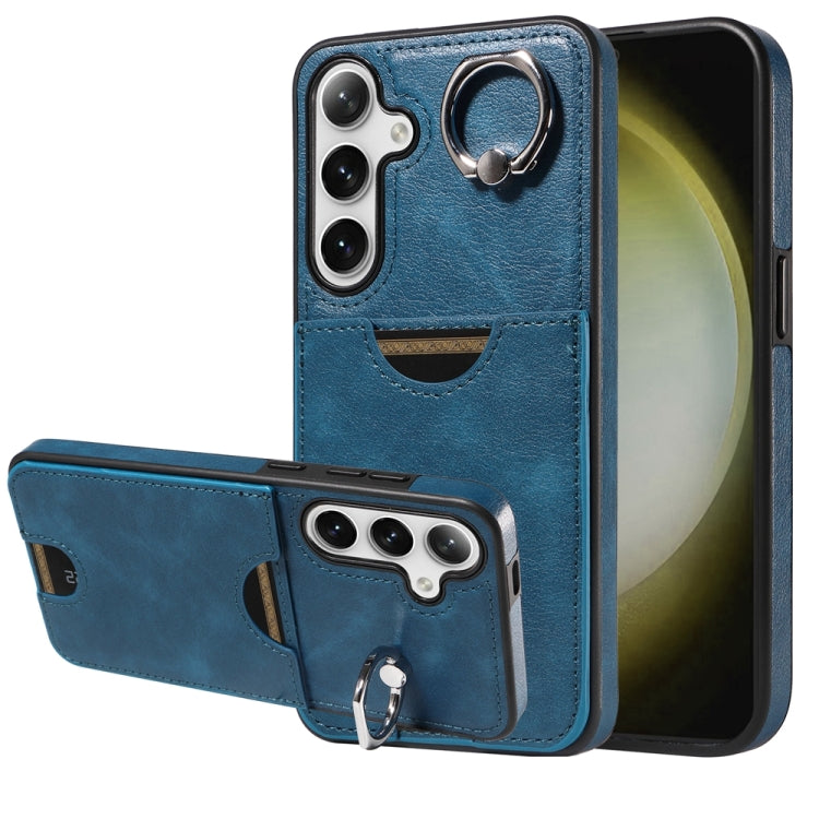For Samsung Galaxy S24+ 5G Calf Texture Card Slot Ring Holder Phone Case(Blue) - Galaxy S24+ 5G Cases by PMC TechLife | Online Shopping South Africa | PMC TechLife