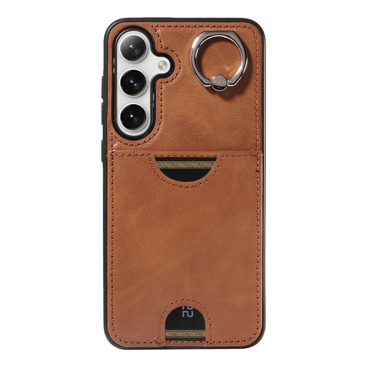 For Samsung Galaxy S24+ 5G Calf Texture Card Slot Ring Holder Phone Case(Brown) - Galaxy S24+ 5G Cases by PMC Jewellery | Online Shopping South Africa | PMC Jewellery