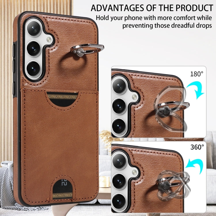 For Samsung Galaxy S24+ 5G Calf Texture Card Slot Ring Holder Phone Case(Brown) - Galaxy S24+ 5G Cases by PMC Jewellery | Online Shopping South Africa | PMC Jewellery