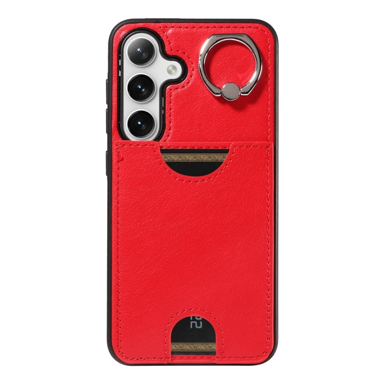 For Samsung Galaxy S24 5G Calf Texture Card Slot Ring Holder Phone Case(Red) - Galaxy S24 5G Cases by PMC Jewellery | Online Shopping South Africa | PMC Jewellery