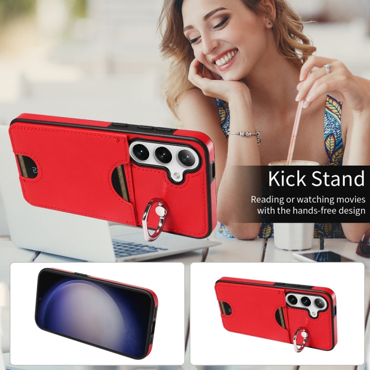 For Samsung Galaxy S24 5G Calf Texture Card Slot Ring Holder Phone Case(Red) - Galaxy S24 5G Cases by PMC Jewellery | Online Shopping South Africa | PMC Jewellery