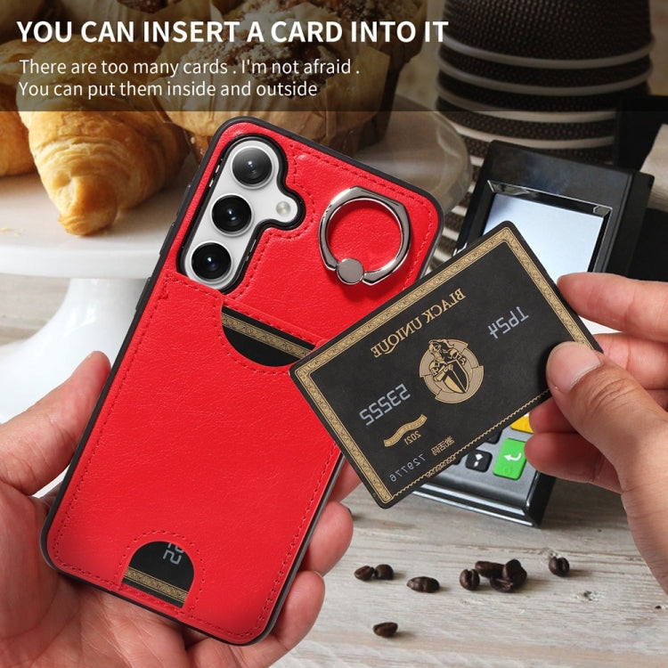 For Samsung Galaxy S24 5G Calf Texture Card Slot Ring Holder Phone Case(Red) - Galaxy S24 5G Cases by PMC TechLife | Online Shopping South Africa | PMC TechLife