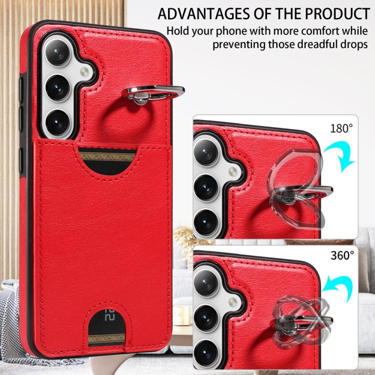 For Samsung Galaxy S24 5G Calf Texture Card Slot Ring Holder Phone Case(Red) - Galaxy S24 5G Cases by PMC Jewellery | Online Shopping South Africa | PMC Jewellery