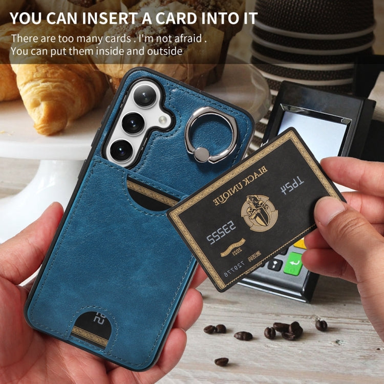 For Samsung Galaxy S24 5G Calf Texture Card Slot Ring Holder Phone Case(Blue) - Galaxy S24 5G Cases by PMC TechLife | Online Shopping South Africa | PMC TechLife