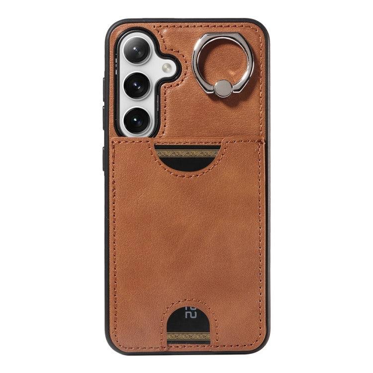 For Samsung Galaxy S24 5G Calf Texture Card Slot Ring Holder Phone Case(Brown) - Galaxy S24 5G Cases by PMC Jewellery | Online Shopping South Africa | PMC Jewellery