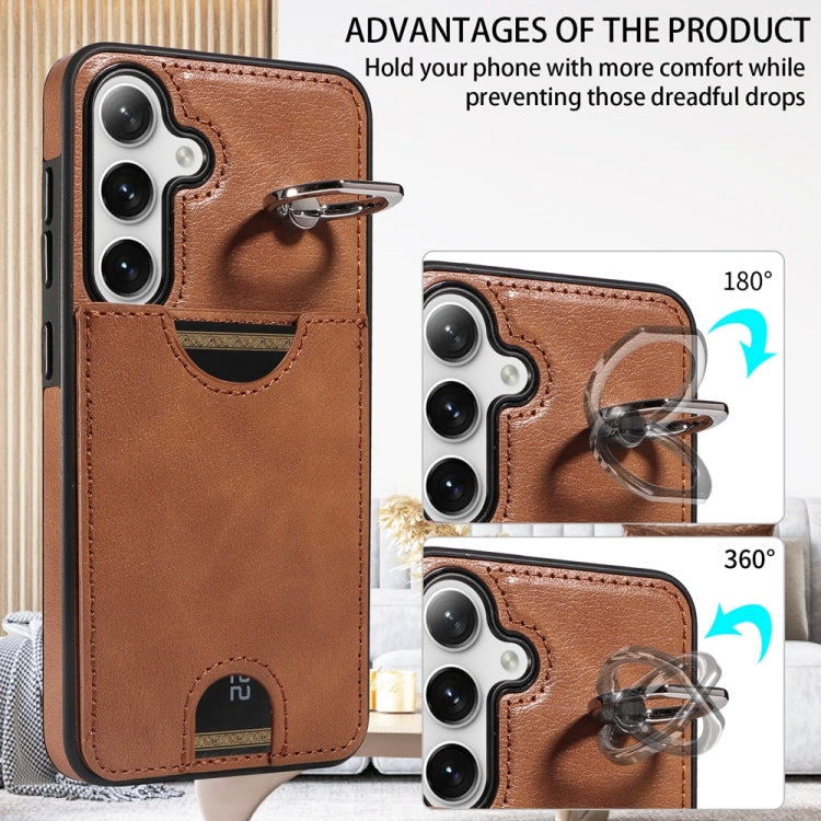 For Samsung Galaxy S24 5G Calf Texture Card Slot Ring Holder Phone Case(Brown) - Galaxy S24 5G Cases by PMC Jewellery | Online Shopping South Africa | PMC Jewellery