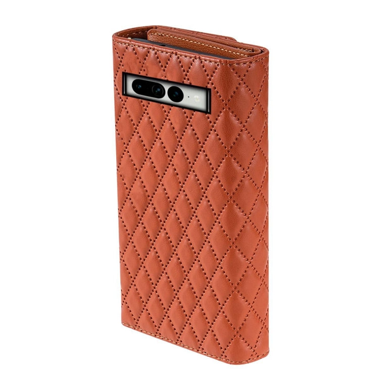 For Google Pixel 8 Zipper Multi-Card Wallet Rhombic Leather Phone Case(Brown) - Google Cases by PMC TechLife | Online Shopping South Africa | PMC TechLife | Buy Now Pay Later Mobicred