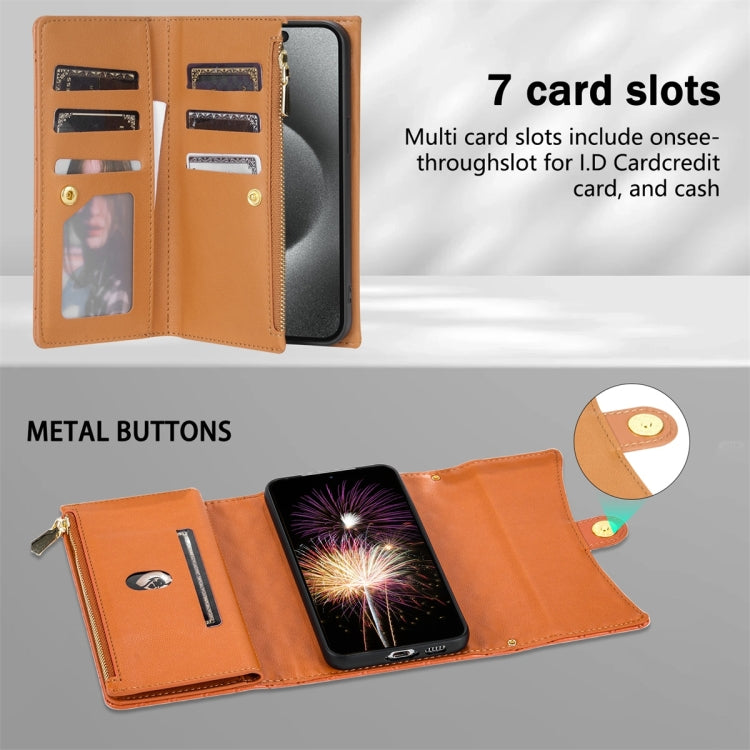 For Google Pixel 8 Zipper Multi-Card Wallet Rhombic Leather Phone Case(Brown) - Google Cases by PMC TechLife | Online Shopping South Africa | PMC TechLife | Buy Now Pay Later Mobicred