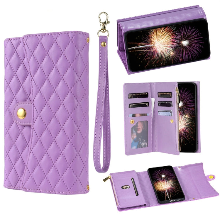 For Google Pixel 7 Zipper Multi-Card Wallet Rhombic Leather Phone Case(Purple) - Google Cases by PMC TechLife | Online Shopping South Africa | PMC TechLife | Buy Now Pay Later Mobicred