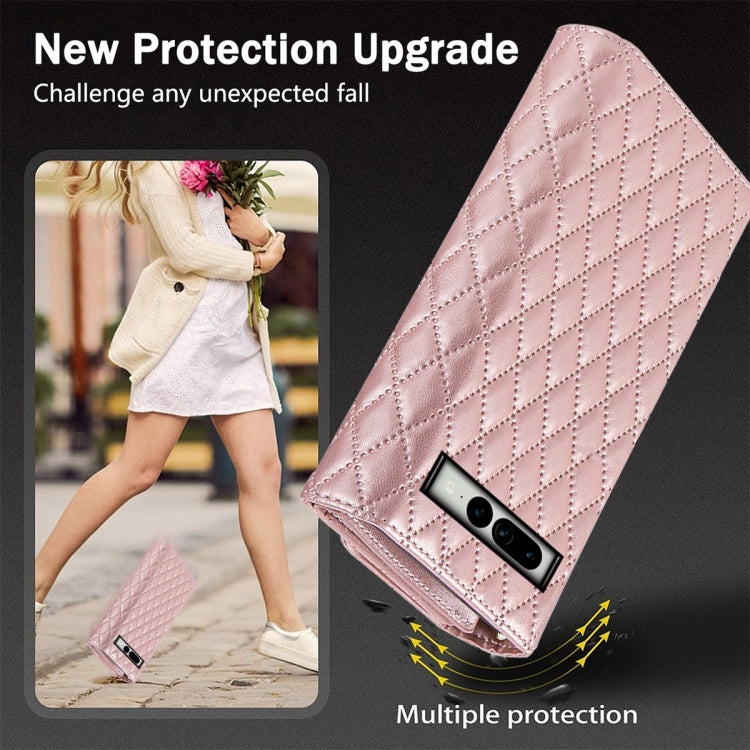 For Google Pixel 7 Zipper Multi-Card Wallet Rhombic Leather Phone Case(Rose Gold) - Google Cases by PMC TechLife | Online Shopping South Africa | PMC TechLife | Buy Now Pay Later Mobicred