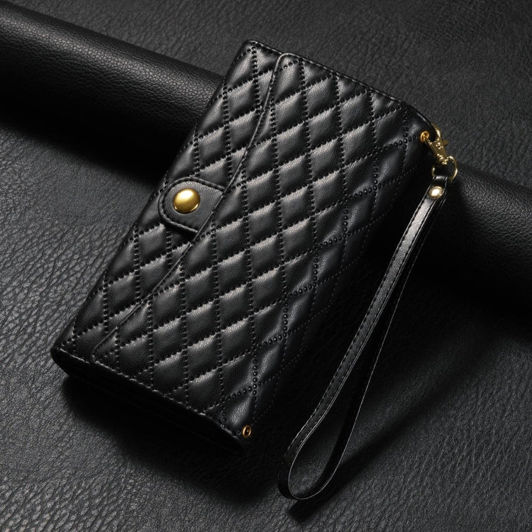 For Google Pixel 6a Zipper Multi-Card Wallet Rhombic Leather Phone Case(Black) - Google Cases by PMC TechLife | Online Shopping South Africa | PMC TechLife | Buy Now Pay Later Mobicred