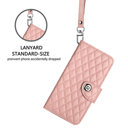 For iPhone 16 Plus Rhombic Texture Flip Leather Phone Case with Lanyard(Coral Pink) - iPhone 16 Plus Cases by PMC Jewellery | Online Shopping South Africa | PMC Jewellery | Buy Now Pay Later Mobicred