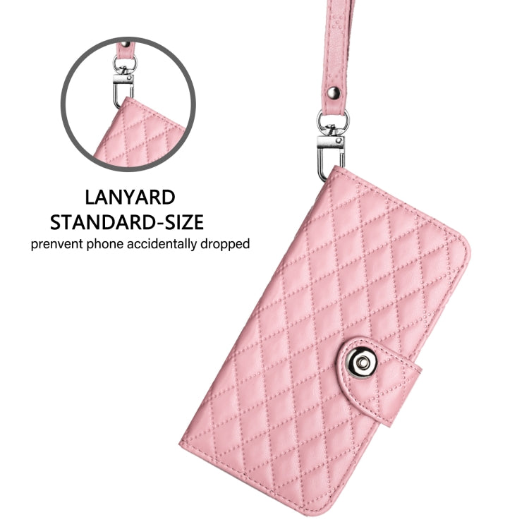 For iPhone SE 2024 Rhombic Texture Flip Leather Phone Case with Lanyard(Pink) - More iPhone Cases by PMC Jewellery | Online Shopping South Africa | PMC Jewellery | Buy Now Pay Later Mobicred