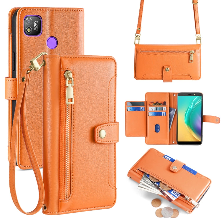 For Tecno Pop 4 Sheep Texture Cross-body Zipper Wallet Leather Phone Case(Orange) - Tecno Cases by PMC TechLife | Online Shopping South Africa | PMC TechLife | Buy Now Pay Later Mobicred