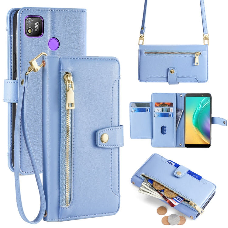 For Tecno Pop 4 Sheep Texture Cross-body Zipper Wallet Leather Phone Case(Blue) - Tecno Cases by PMC TechLife | Online Shopping South Africa | PMC TechLife | Buy Now Pay Later Mobicred