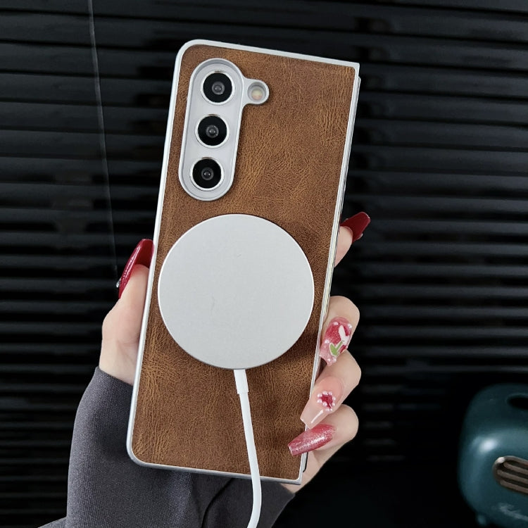 For Samsung Galaxy Z Fold5 Skin Feel Leather Texture MagSafe Pearlescent Paint Shockproof Phone Case(Brown) - Galaxy Z Fold5 Cases by PMC TechLife | Online Shopping South Africa | PMC TechLife | Buy Now Pay Later Mobicred