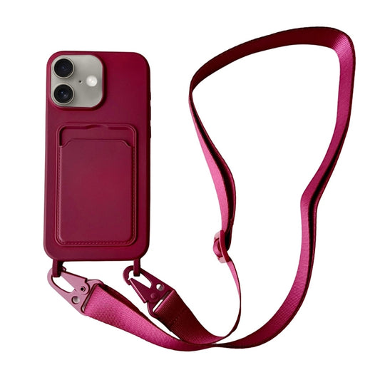 For iPhone 16 Card Slot Liquid Silicone Phone Case with Lanyard(Wine Red) - iPhone 16 Cases by PMC Jewellery | Online Shopping South Africa | PMC Jewellery | Buy Now Pay Later Mobicred