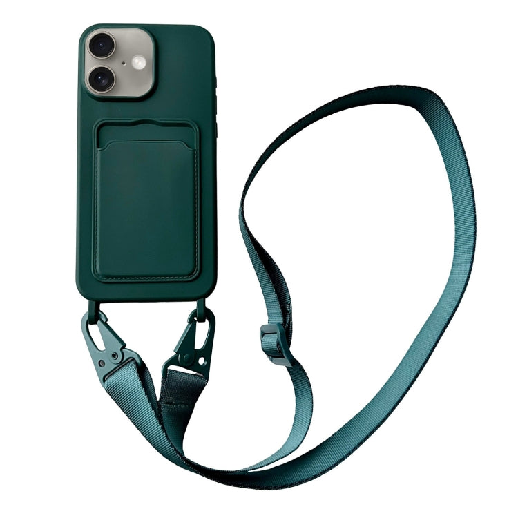 For iPhone 16 Card Slot Liquid Silicone Phone Case with Lanyard(Dark Green) - free shipping - PMC TechLife - Order now!