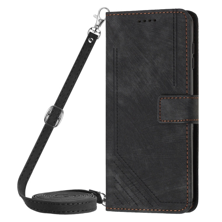 For Motorola Edge 2024 Skin Feel Stripe Pattern Leather Phone Case with Long Lanyard(Black) - free shipping - PMC Jewellery - Order now!