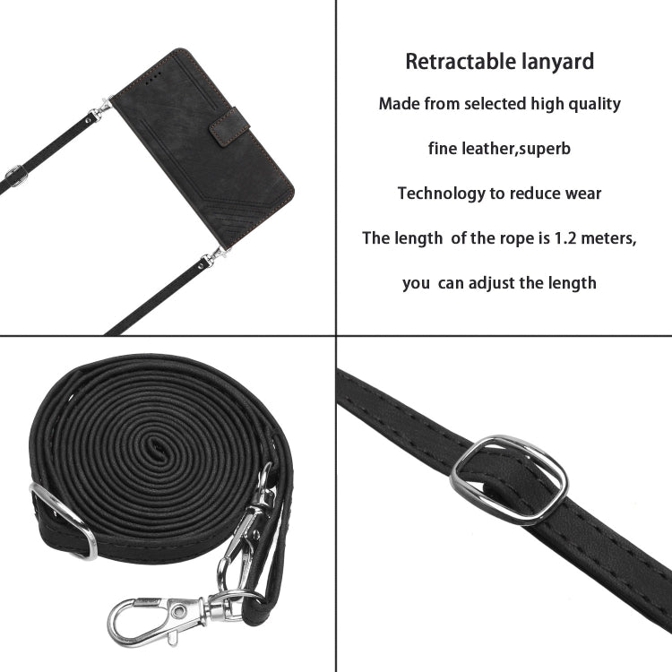 For Motorola Edge 2024 Skin Feel Stripe Pattern Leather Phone Case with Long Lanyard(Black) - free shipping - PMC Jewellery - Order now!