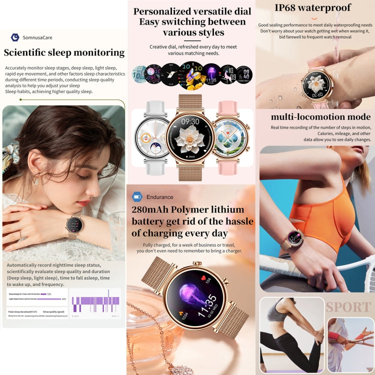 T86 Woman Health 1.27 inch Smart Watch, BT Call / Physiological Cycle / Heart Rate / Blood Pressure / Blood Glucose / SOS(Rose Gold Steel Band) - free shipping - PMC TechLife - Order now!