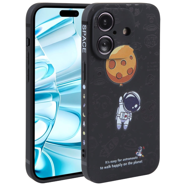 For iPhone 16 Plus Astronaut Pattern Silicone Straight Edge Phone Case(Planet Landing-Black) - iPhone 16 Plus Cases by PMC TechLife | Online Shopping South Africa | PMC TechLife | Buy Now Pay Later Mobicred