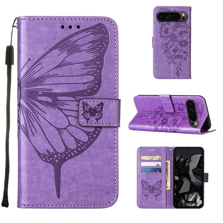 For Google Pixel 9 Pro Embossed Butterfly Leather Phone Case(Purple) - Google Cases by PMC Jewellery | Online Shopping South Africa | PMC Jewellery | Buy Now Pay Later Mobicred