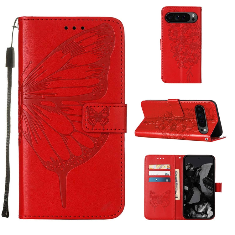 For Google Pixel 9 Pro Embossed Butterfly Leather Phone Case(Red) - Google Cases by PMC TechLife | Online Shopping South Africa | PMC TechLife | Buy Now Pay Later Mobicred
