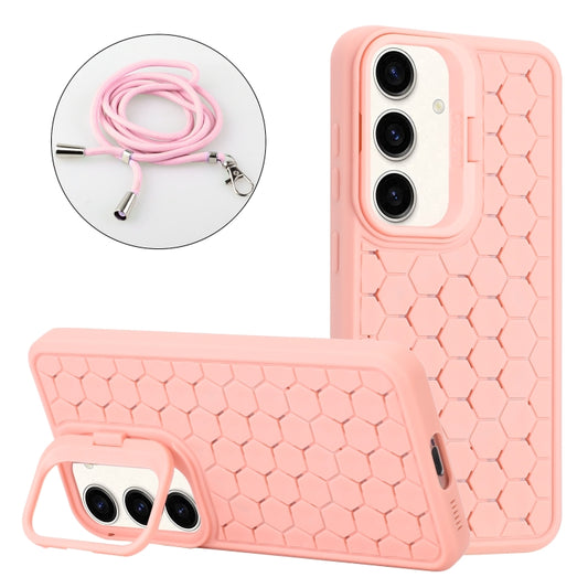 For Samsung Galaxy S24+ 5G Honeycomb Radiating Lens Holder Magsafe Phone Case with Lanyard(Pink) - Galaxy S24+ 5G Cases by PMC Jewellery | Online Shopping South Africa | PMC Jewellery