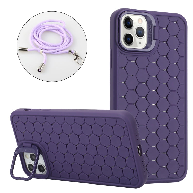 For iPhone 13 Pro Honeycomb Radiating Lens Holder Magsafe Phone Case with Lanyard(Purple) - iPhone 13 Pro Cases by PMC Jewellery | Online Shopping South Africa | PMC Jewellery