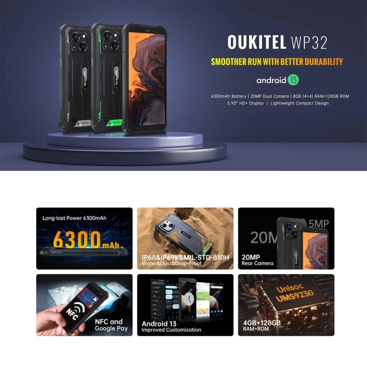 [HK Warehouse] Oukitel WP32, 4GB+128GB, IP68/IP69K, 5.93 inch Android 13 Unisoc Tiger T606 Octa-core, NFC, OTG, Network: 4G(Green) - Other by OUKITEL | Online Shopping South Africa | PMC Jewellery