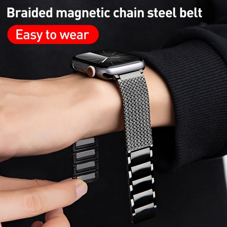 For Apple Watch Series 8 45mm Magnetic Clasp Braided Chain Stainless Steel Watch Band(Silver) - Watch Bands by PMC Jewellery | Online Shopping South Africa | PMC Jewellery