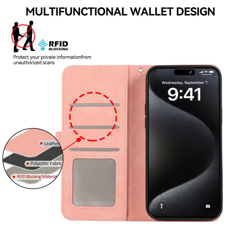 For iPhone 16e ABEEL Color Block Magnetic RFID Leather Phone Case(Pink-Cyan) - iPhone 16e Cases by PMC TechLife | Online Shopping South Africa | PMC TechLife | Buy Now Pay Later Mobicred