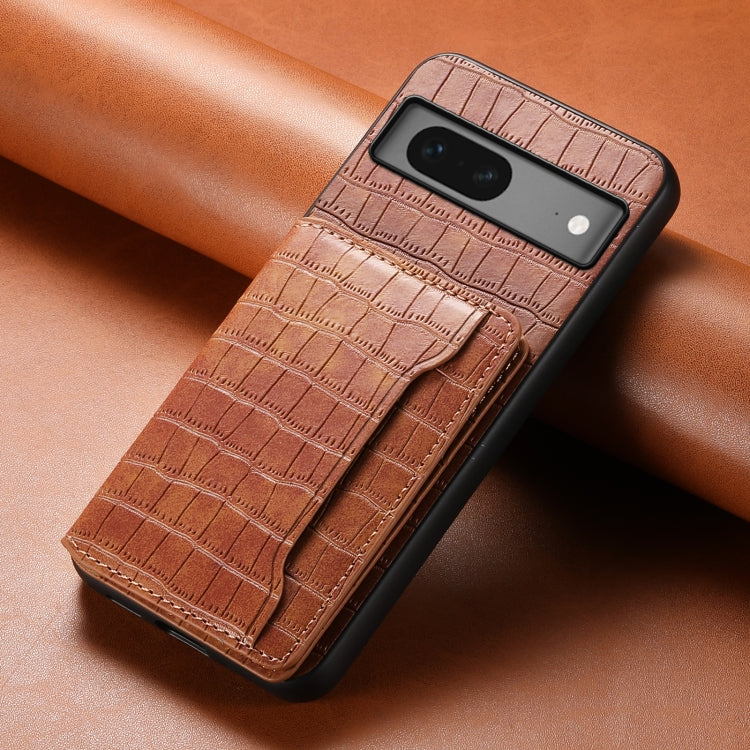 For Google Pixel 7 5G Crocodile Texture Card Bag Design Full Coverage Phone Case(Brown) - Google Cases by PMC TechLife | Online Shopping South Africa | PMC TechLife | Buy Now Pay Later Mobicred