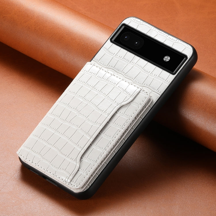 For Google Pixel 6a Crocodile Texture Card Bag Design Full Coverage Phone Case(White) - Google Cases by PMC TechLife | Online Shopping South Africa | PMC TechLife | Buy Now Pay Later Mobicred